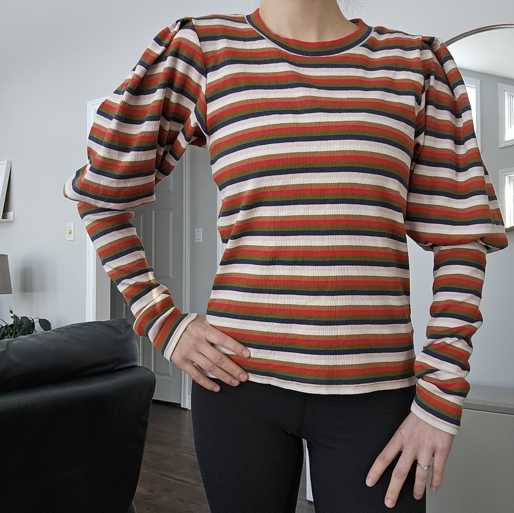 Veronica Beard Striped And Ribbed Long Sleeve Pima Cotten
